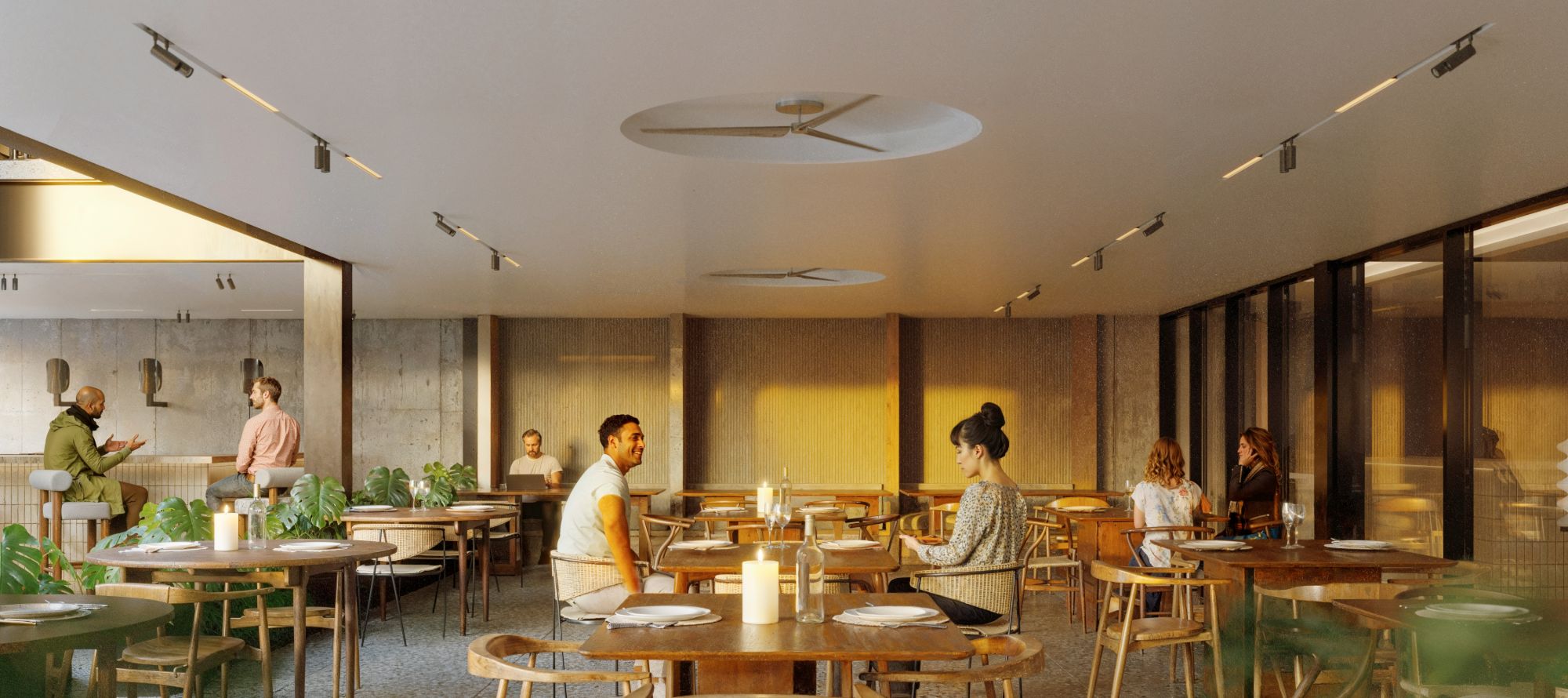 Render del restaurante Amena: comedor cálido con mesas de madera, velas y luz natural