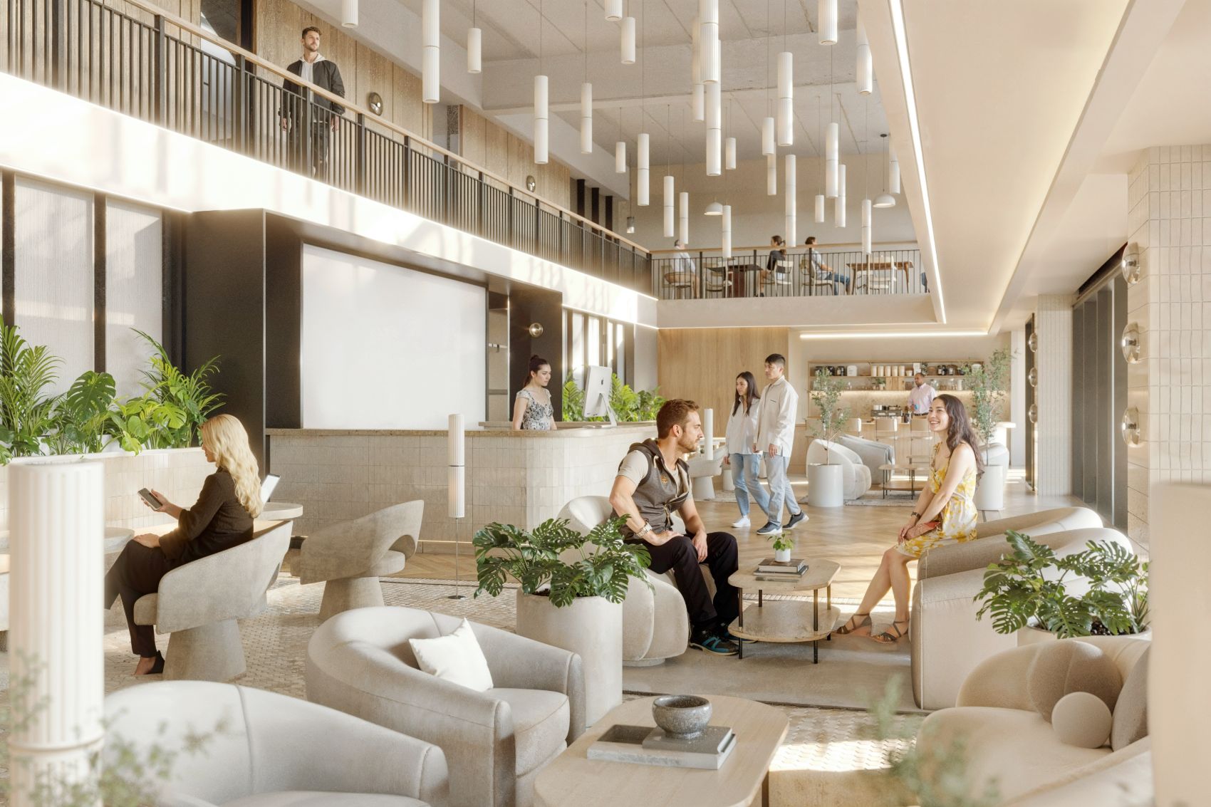 Render del lobby de doble altura con front desk, lounge y plantas