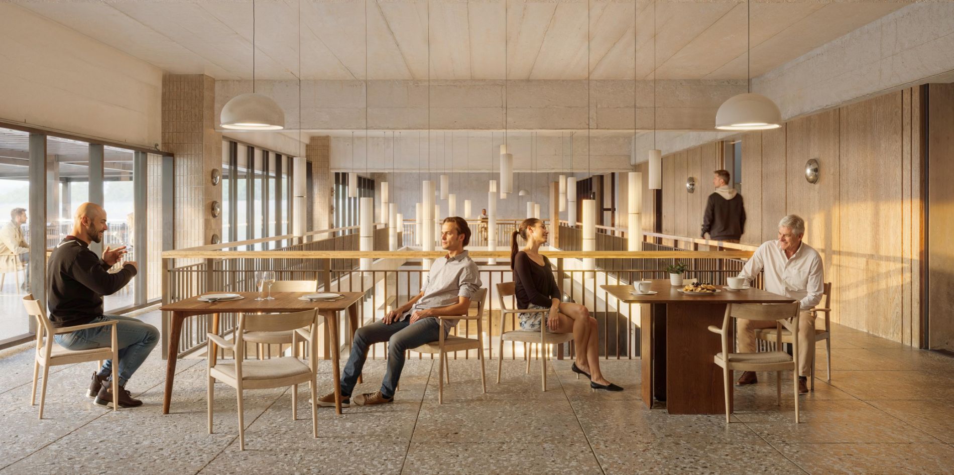 Render del cowork de la torre: áreas de trabajo y comedor en doble altura