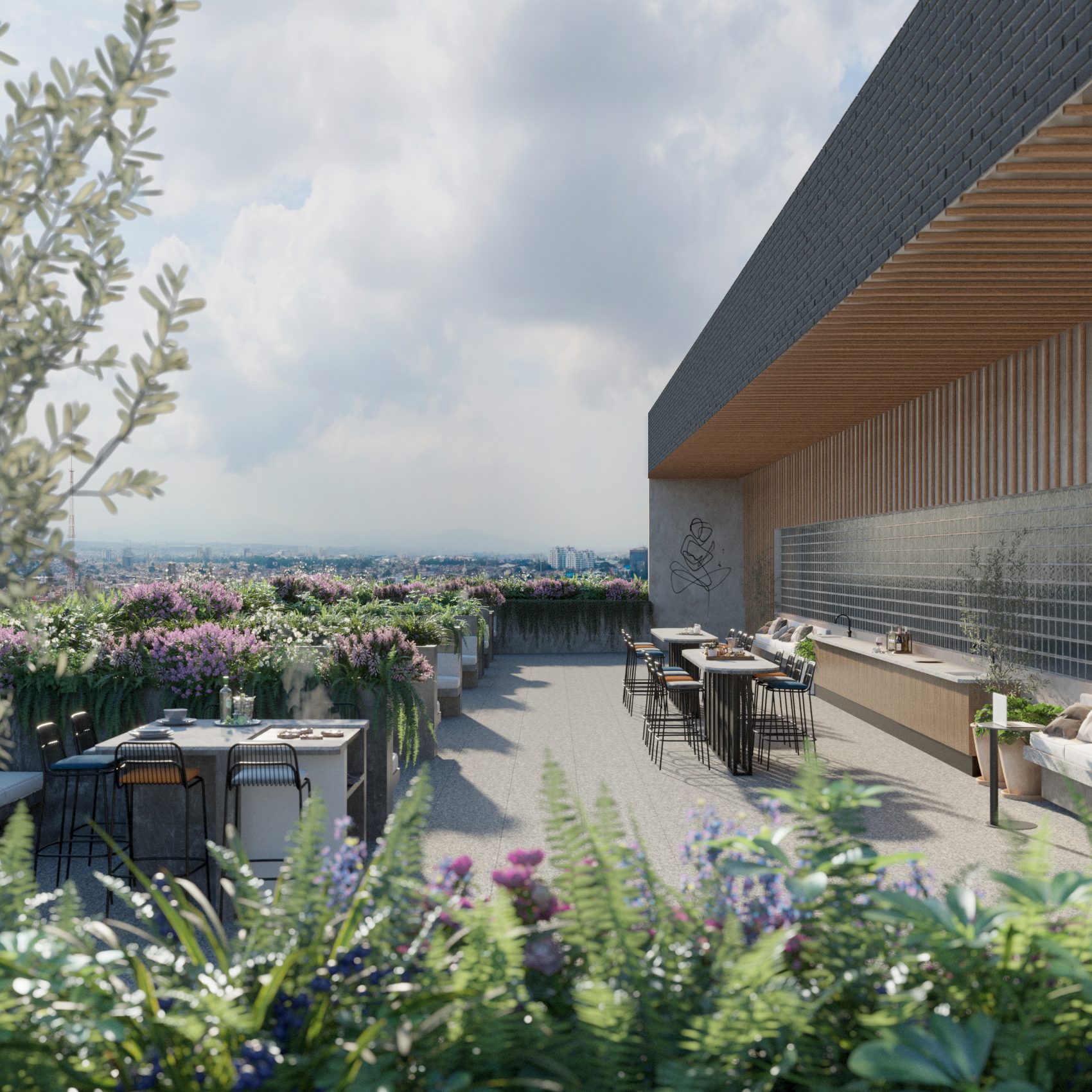 Render del roof garden: terraza ajardinada con barra, jardineras florales y vista a Guadalajara