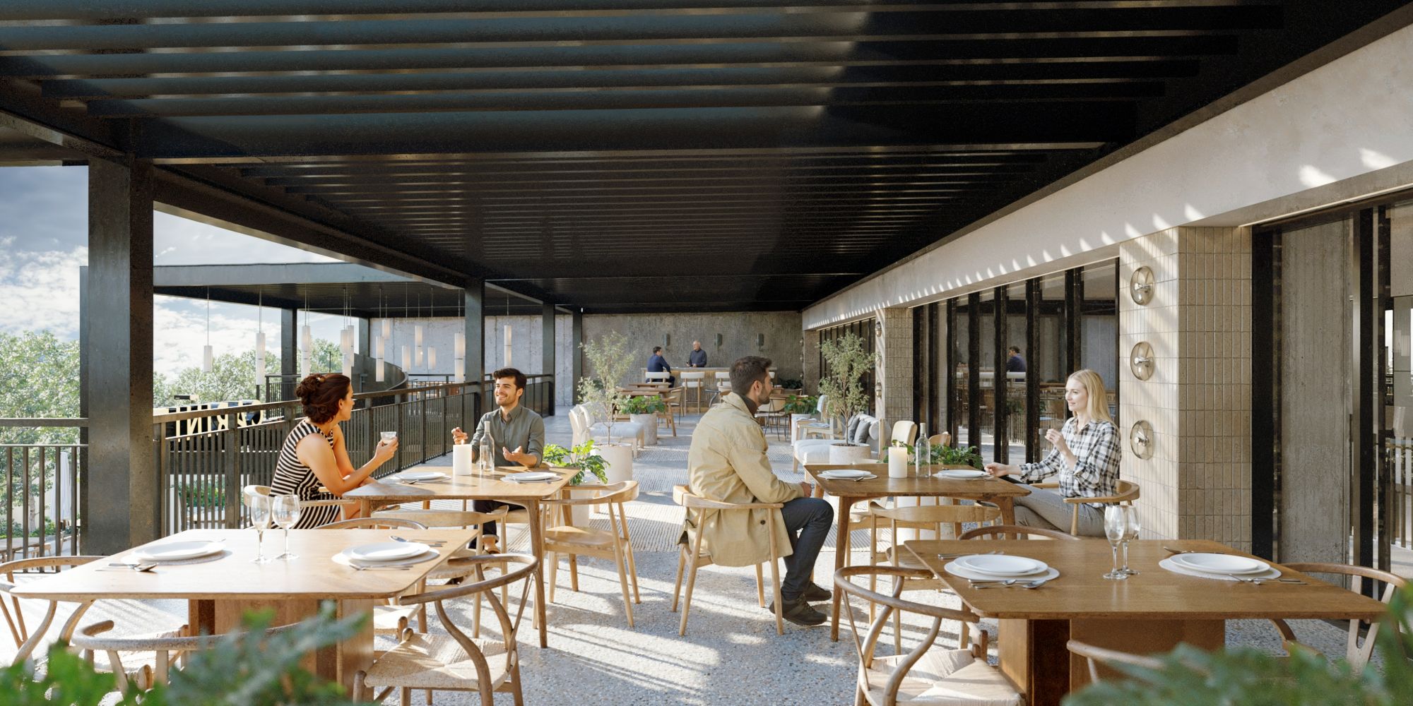 Render de la terraza del café Cariñito con pérgola y mesas de madera