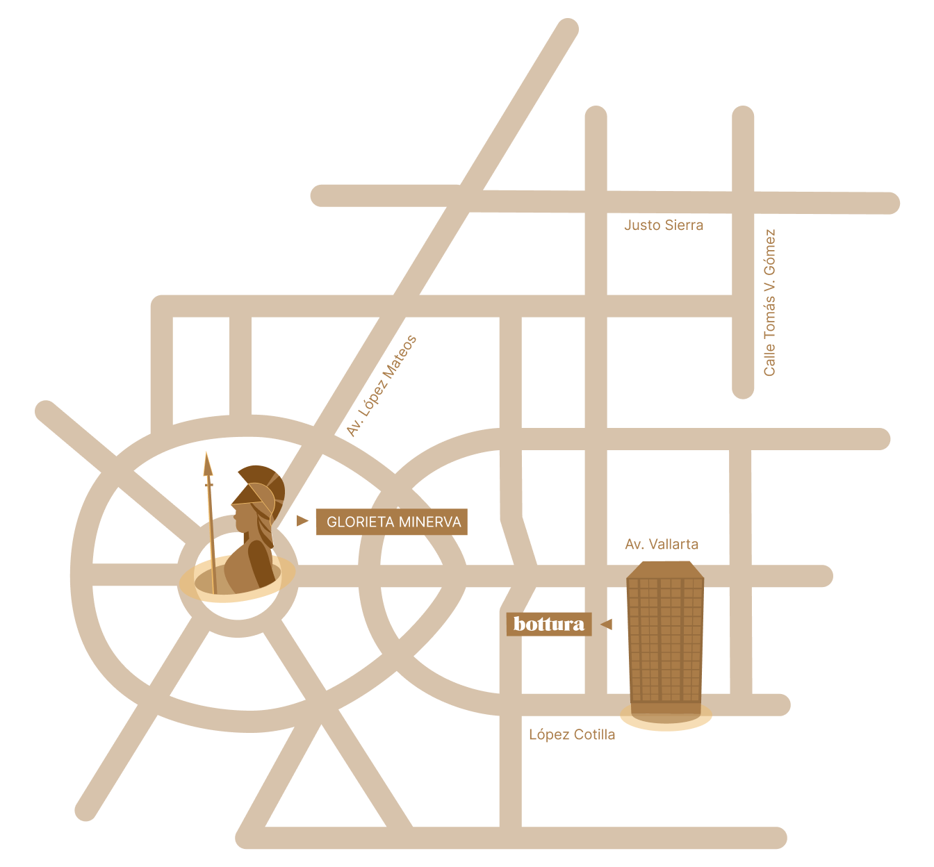 Mapa ilustrado de la ubicación de Bottura: sobre López Cotilla, junto a Av. Vallarta y a 500 m de la Glorieta Minerva, Guadalajara